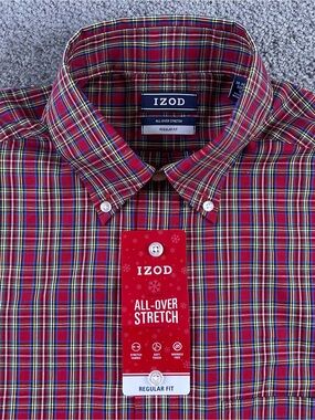 Izod Shirt Men's S Crimson Plaid All Over Stretch Button Down Long Sleeve NWT